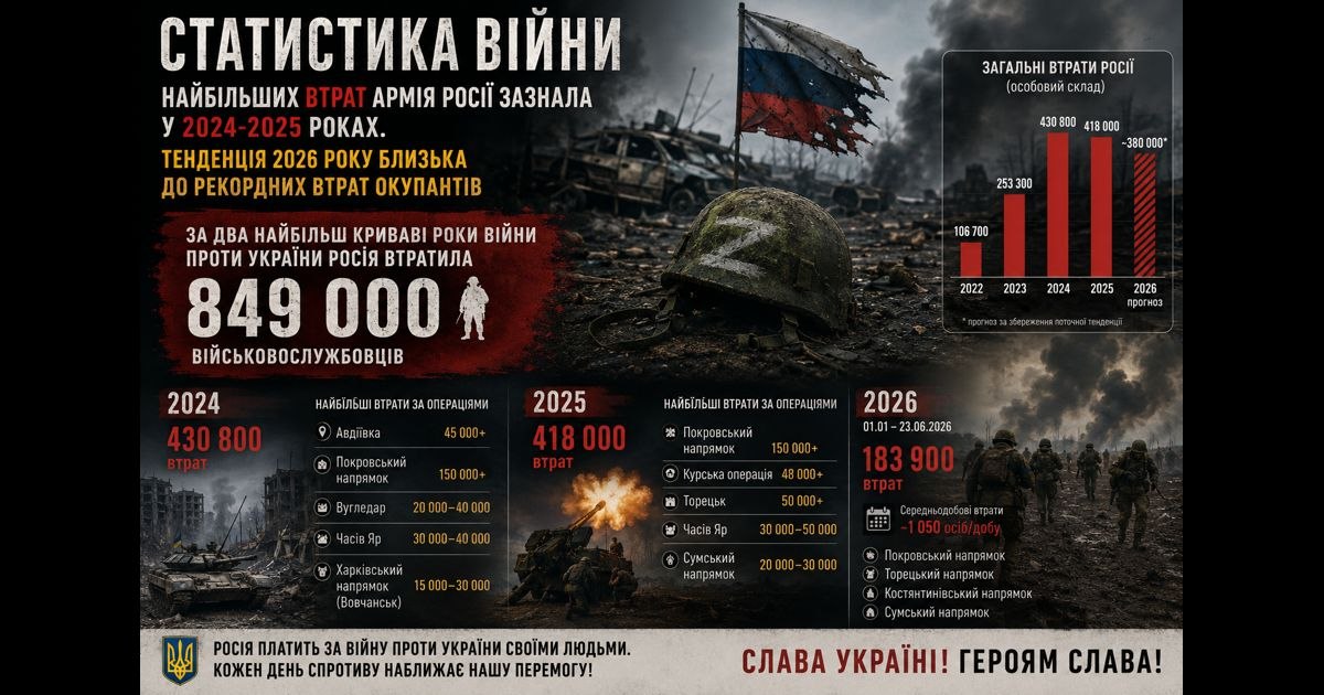 Статистика війни. Найбільших втрат армія росії зазнала у 2024-2025 роках. Тенденція 2026 року близька до рекордних втрат окупантів Статистика війни. Найбільших втрат армія росії зазнала у 2024-2025 роках. Тенденція 2026 року близька до рекордних втрат окупантів