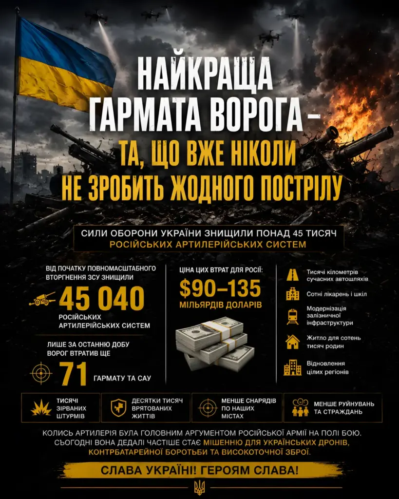 Бюджет війни. Сили оборони України знищили понад 45 000 артилерійських систем армії рф, орієнтовною вартістю $ 90 – 135 млрд