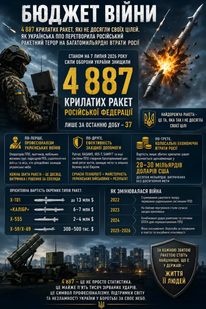 Бюджет війни. За більш ніж чотири роки повномасштабної війни Сили оборони України знищили 4 887 крилатих ракет армії рф, орієнтовною вартістю $ 20 – 30 млрд Бюджет війни. За більш ніж чотири роки повномасштабної війни Сили оборони України знищили 4 887 крилатих ракет армії рф, орієнтовною вартістю $ 20 – 30 млрд