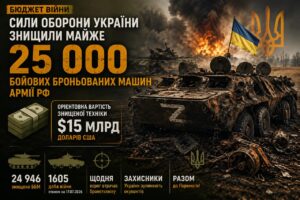Бюджет війни. Сили оборони України знищили майже 25 тисяч бойових бронемашин армії рф, орієнтовною вартістю $15 млрд Бюджет війни. Сили оборони України знищили майже 25 тисяч бойових бронемашин армії рф, орієнтовною вартістю $15 млрд
