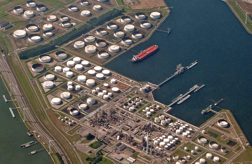 Rotterdam port industrial area; Gunvor Energy refinery; oil storage tanks