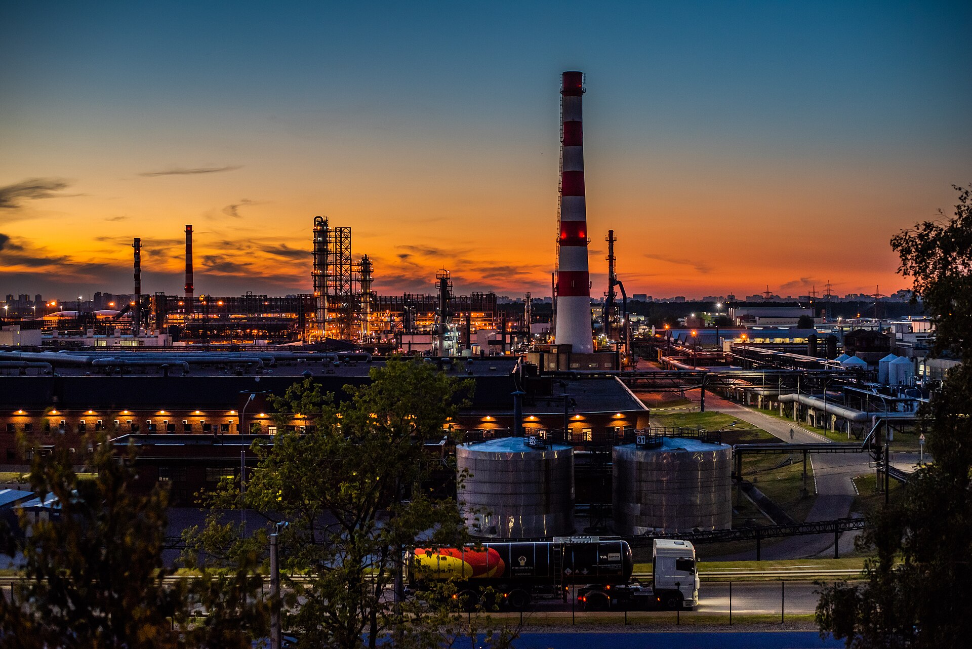 Russian oil refinery; Moscow Exchange trading floor