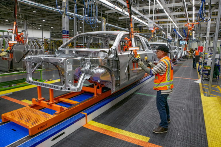 Body assembly of the 2021 Chevrolet Tahoe within the new, 1-million-square-foot body shop at GM’s Arlington Assembly plant.