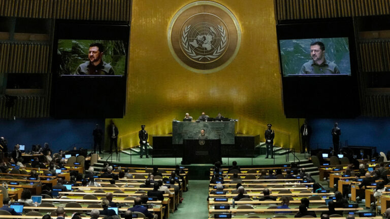Ukraine's President Volodymyr Zelenskyy addresses the 78th session of the United Nations General Assembly, Tuesday, Sept. 19, 2023. (AP Photo/Richard Drew)
