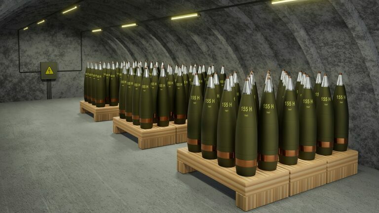 Underground military storage of 155mm artillery gun shells - 3D rendering