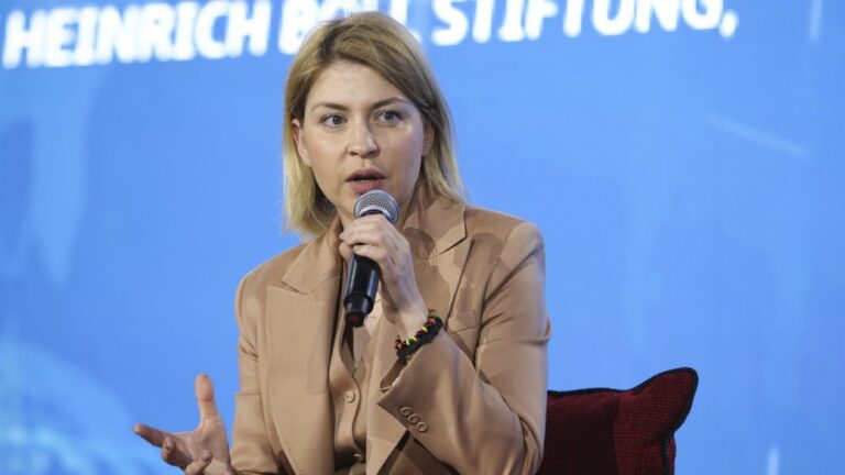 Ukrainian Deputy Prime Minister for European and Euro-Atlantic Integration Olha Stefanishyna participates in a panel discussion at the Warsaw Security Forum in Warsaw, Poland, Tuesday, Oct. 4, 2022. (AP Photo/Michal Dyjuk)